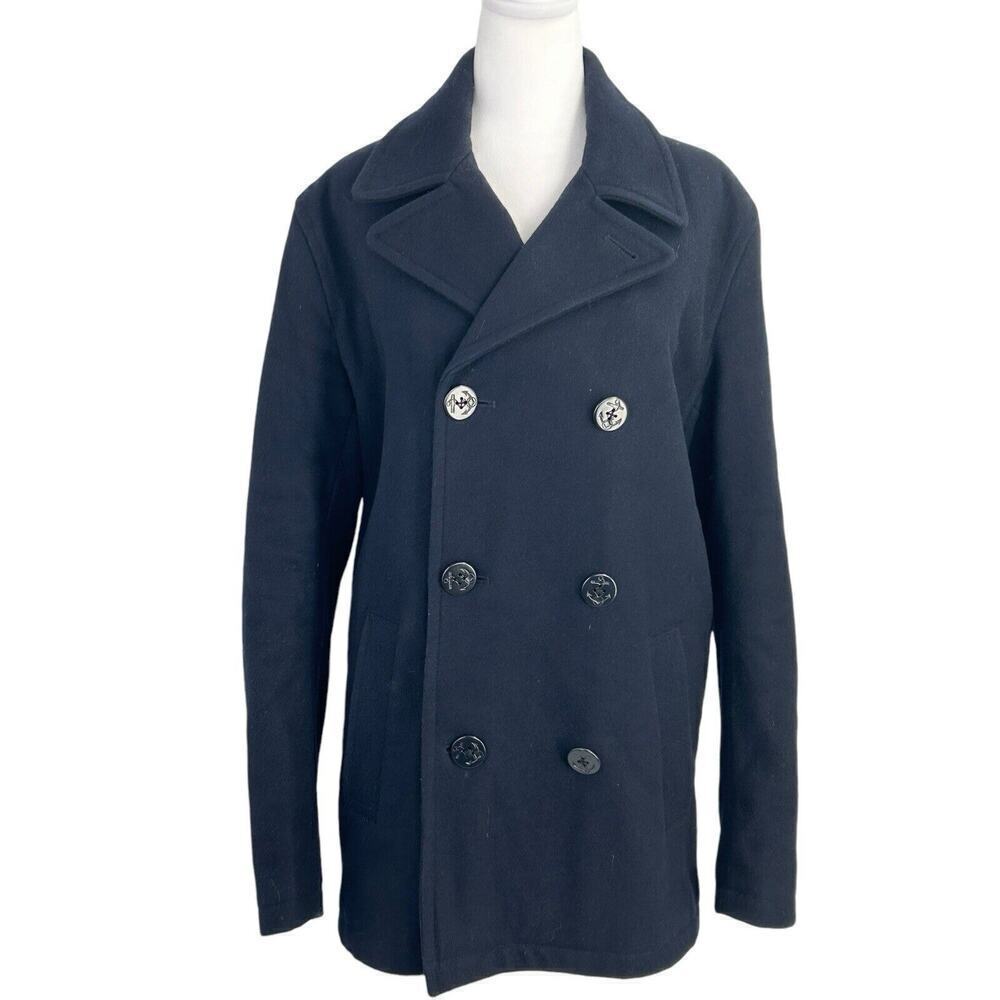 Tommy Hilfiger Men’s Double Breasted Wool Blend Pea Coat Navy Blue Small Flaw
